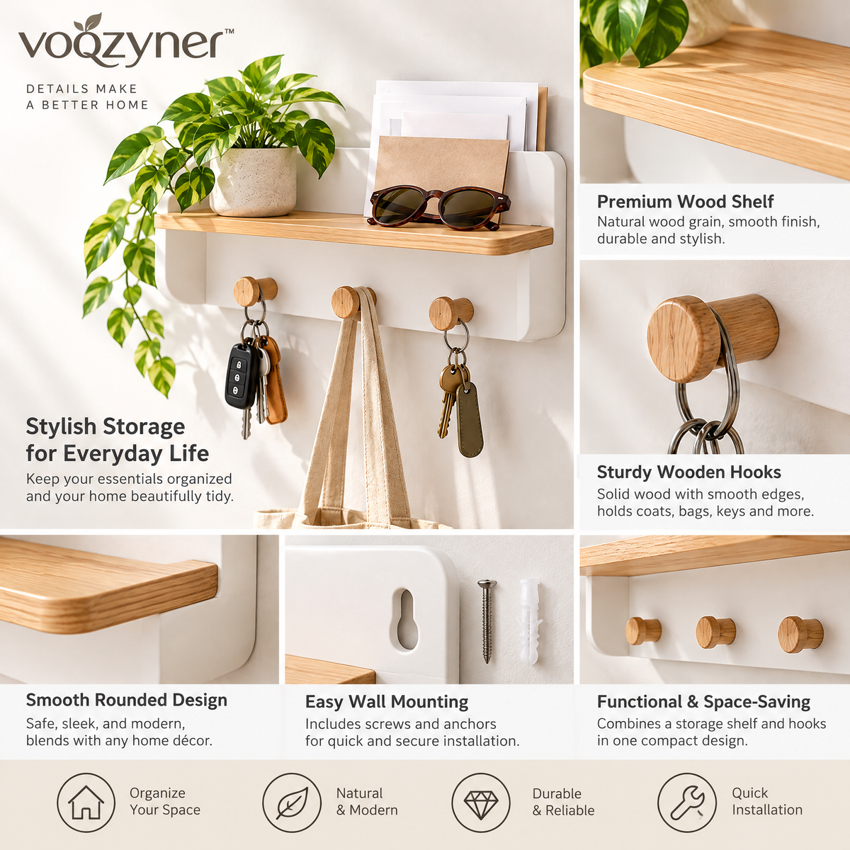 voqzyner™ Entryway Wall Shelf With Hooks