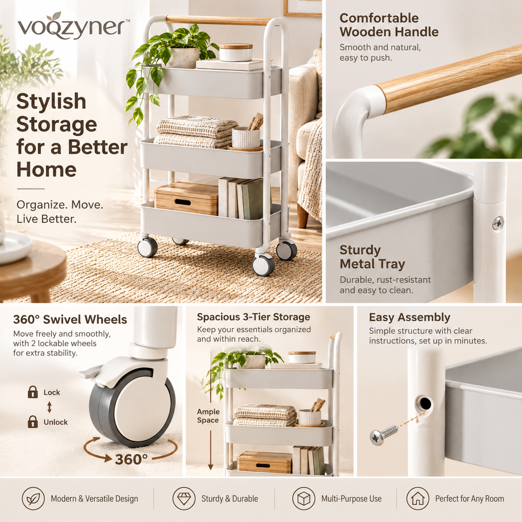 voqzyner™ 3-Tier Rolling Storage Cart